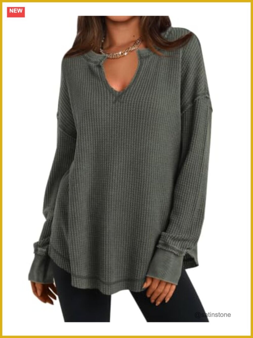 Waffle Knit Long Sleeve Tunic Top Loose Fit V Neck Dressy Casual